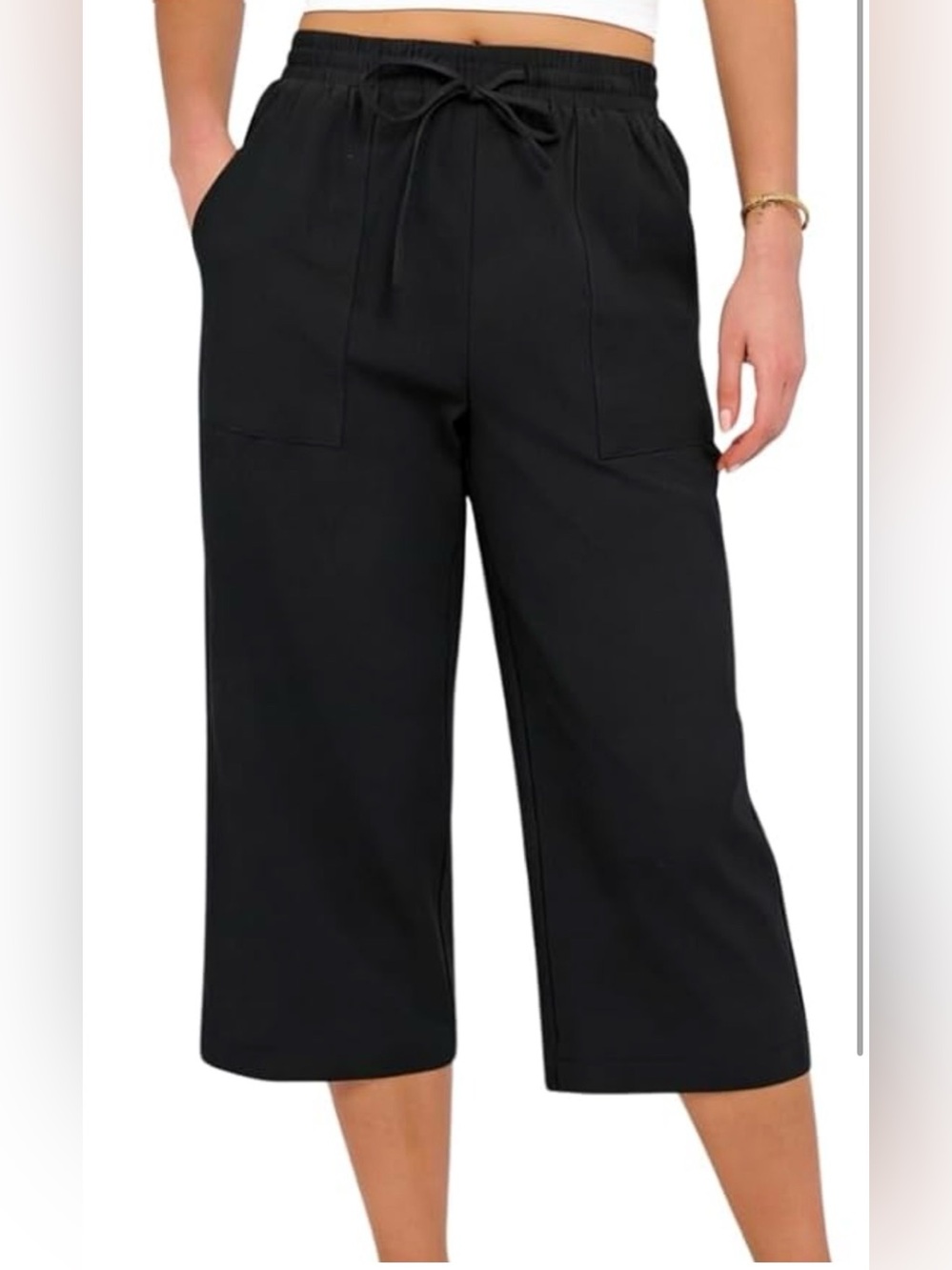 Black Wide-Leg Linen Cropped Pants